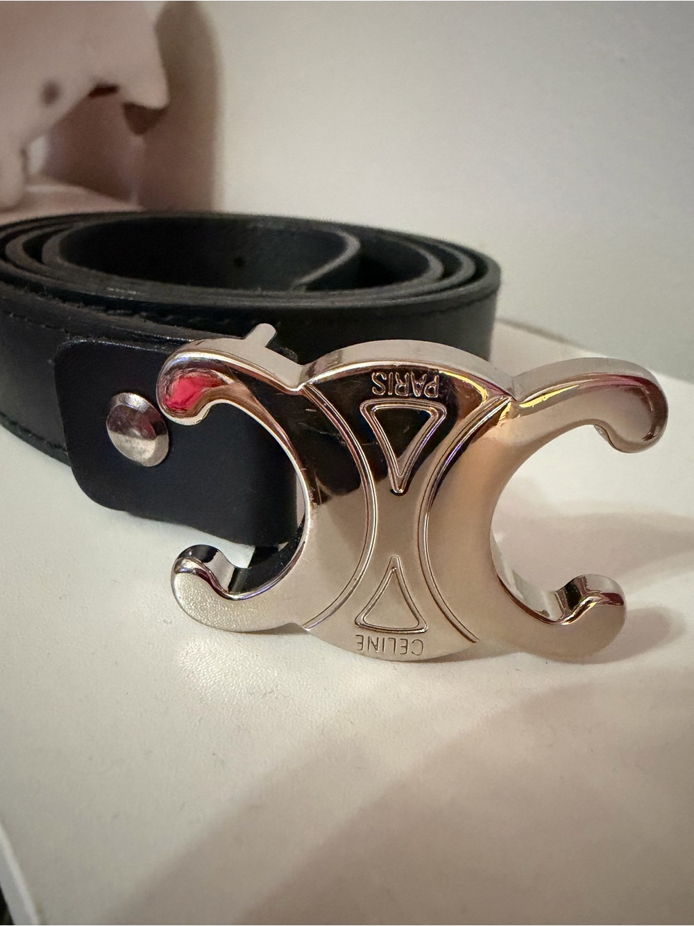 Celine Black Leather Belt with Silver Double C Buckle